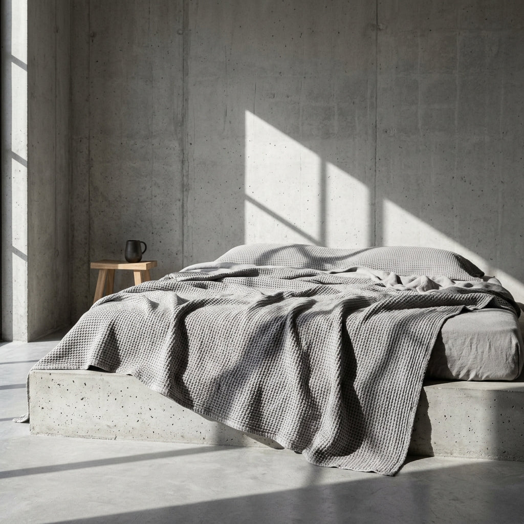 Monolith Ash Grey waffle throw lookbook